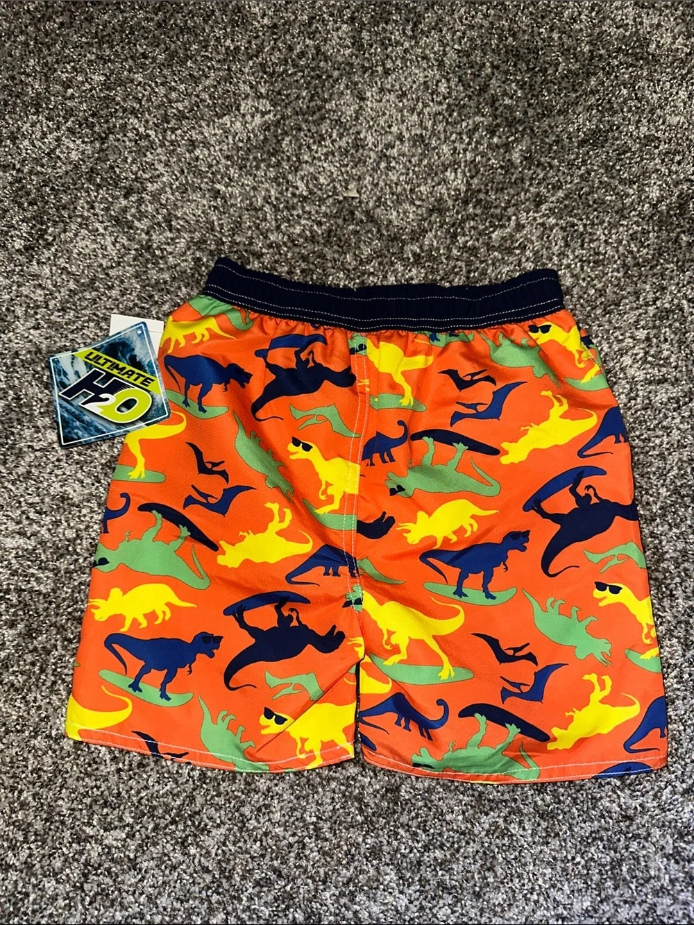 Bright Orange Dino Swim Trunks for Kids with Navy Waistband